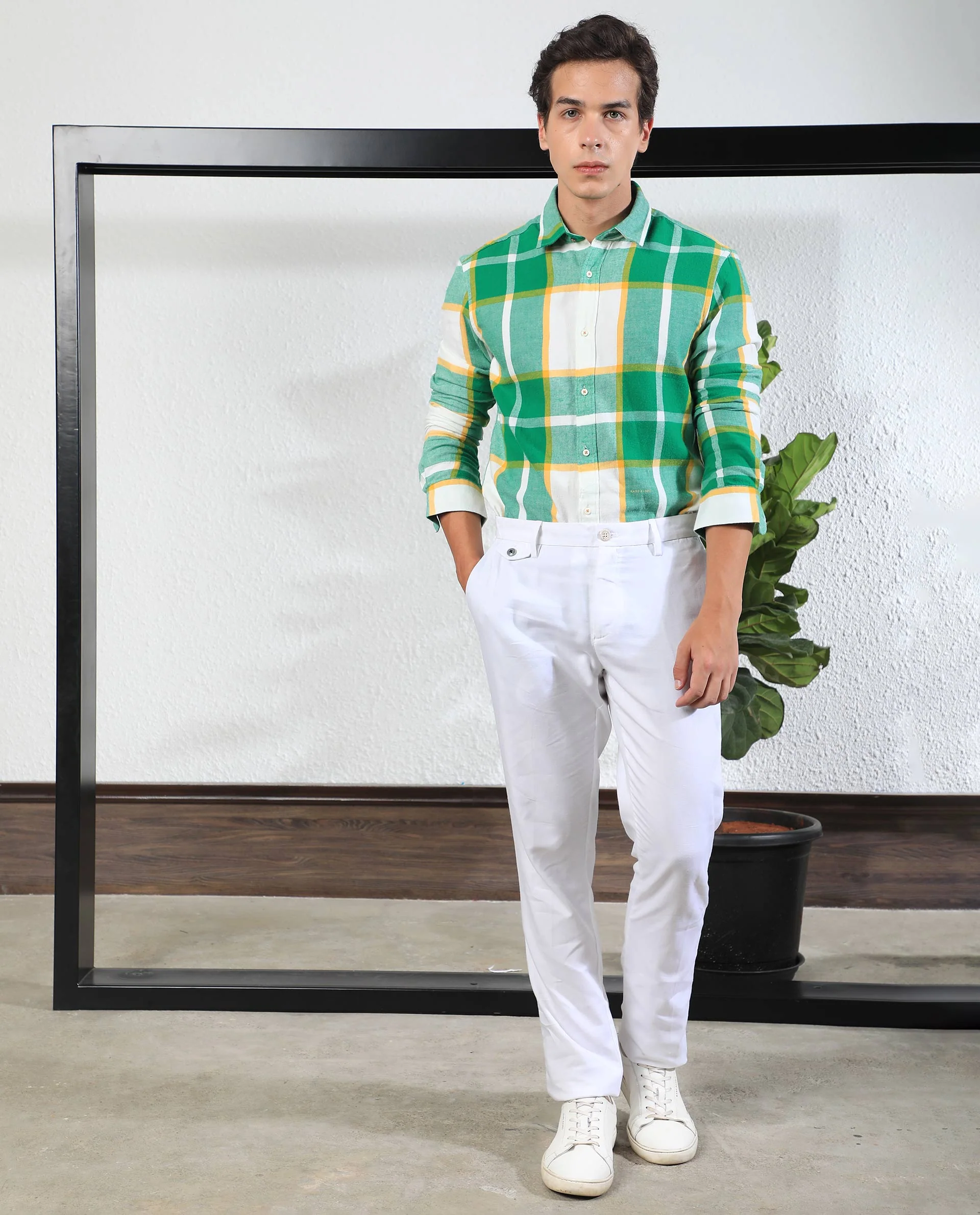 Rare Rabbit Men's Rayo Green Cotton Checked Print Regular Fit Full Sleeve Collared Shirt - Image 8