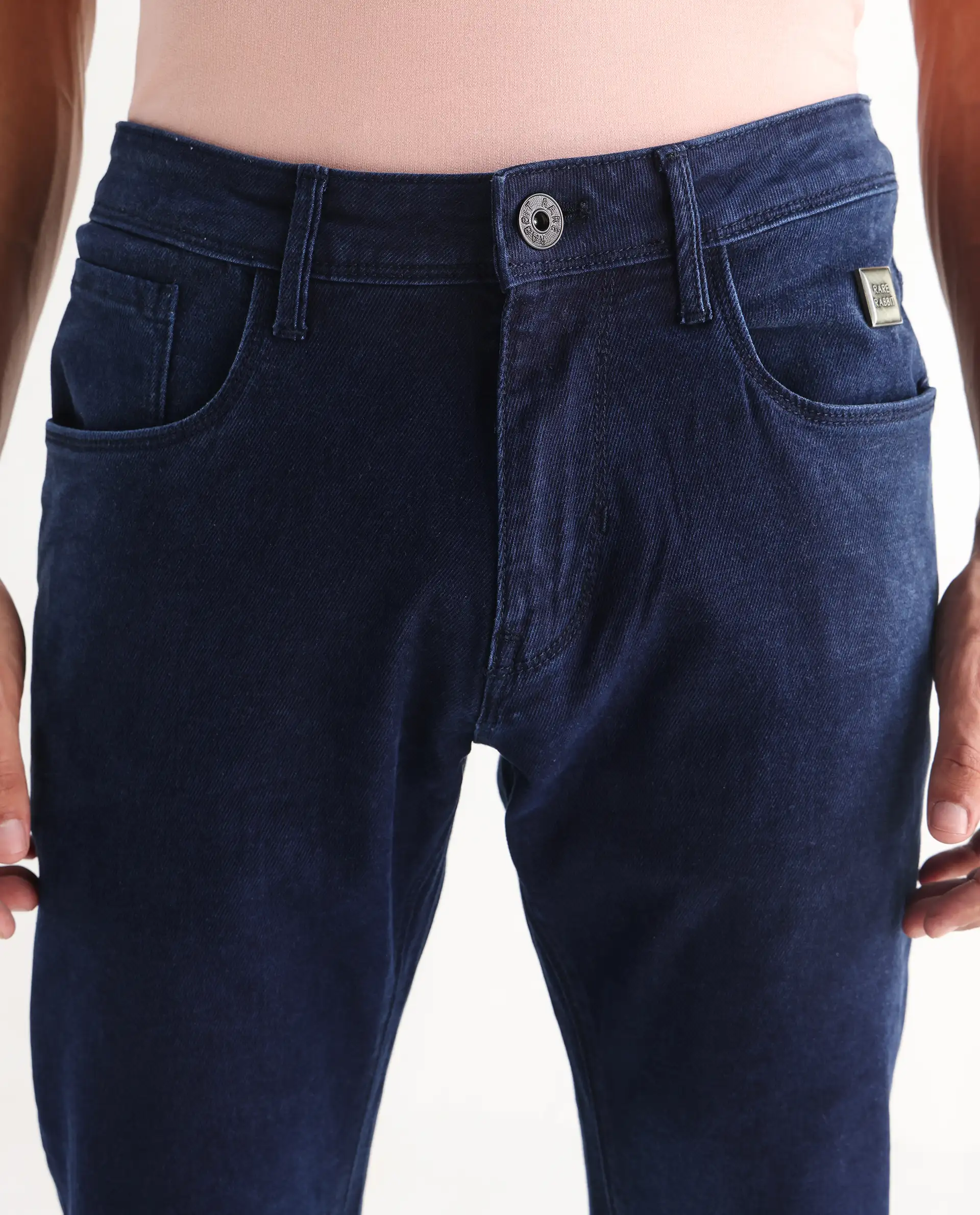 Rare Rabbit Men's Repp Blue Cotton Plain Hawk Slim Fit Jeans - Image 7