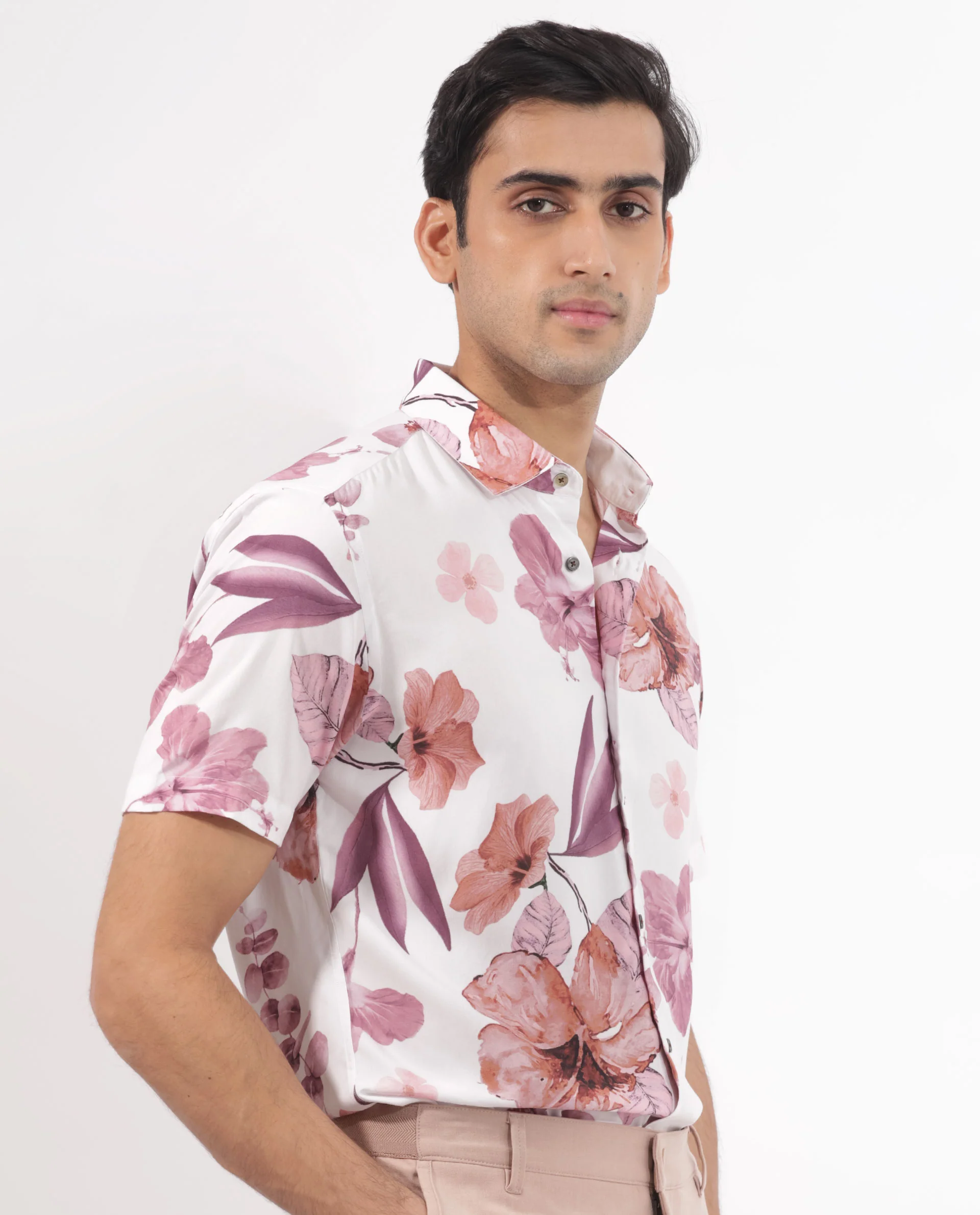 Rare Rabbit Men's Siros White Viscose Floral Print Regular Fit Half Sleeve Collared Shirt - Image 3