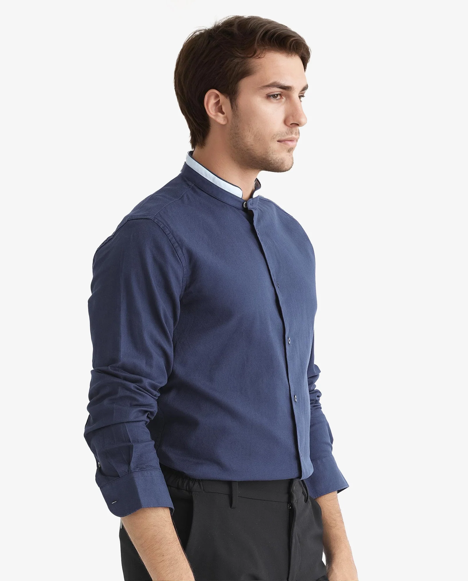 Rare Rabbit Men's Tehran Navy Cotton Plain Regular Fit Full Sleeve Mandarin Collar Shirt - Image 3