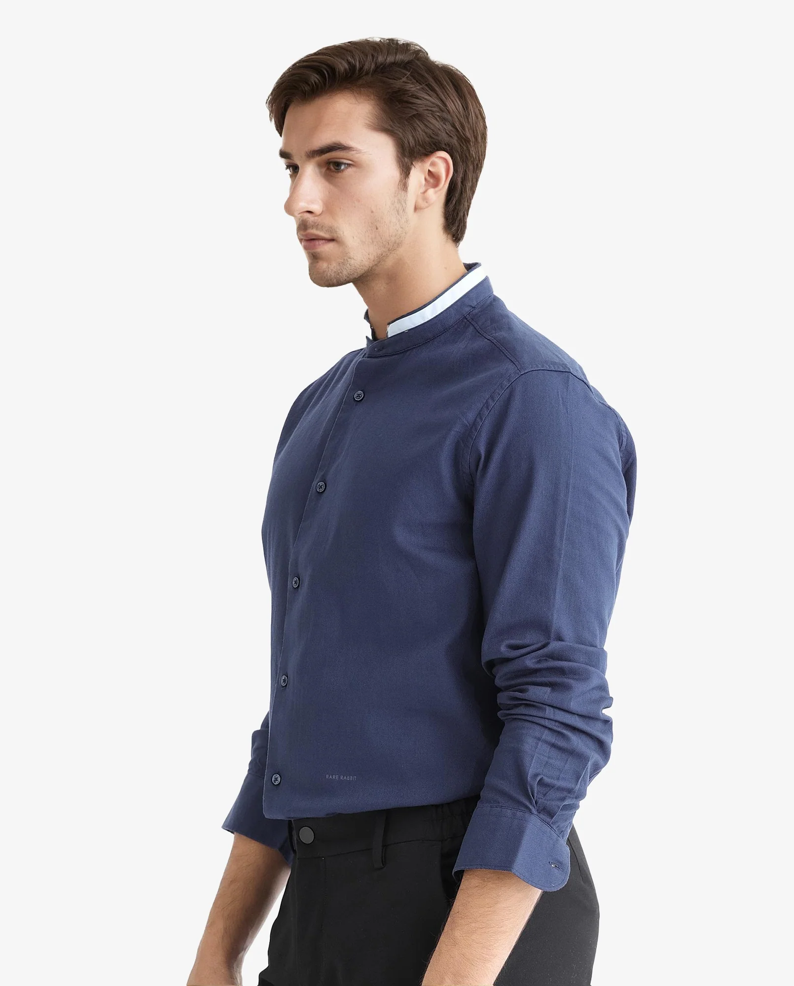 Rare Rabbit Men's Tehran Navy Cotton Plain Regular Fit Full Sleeve Mandarin Collar Shirt - Image 5