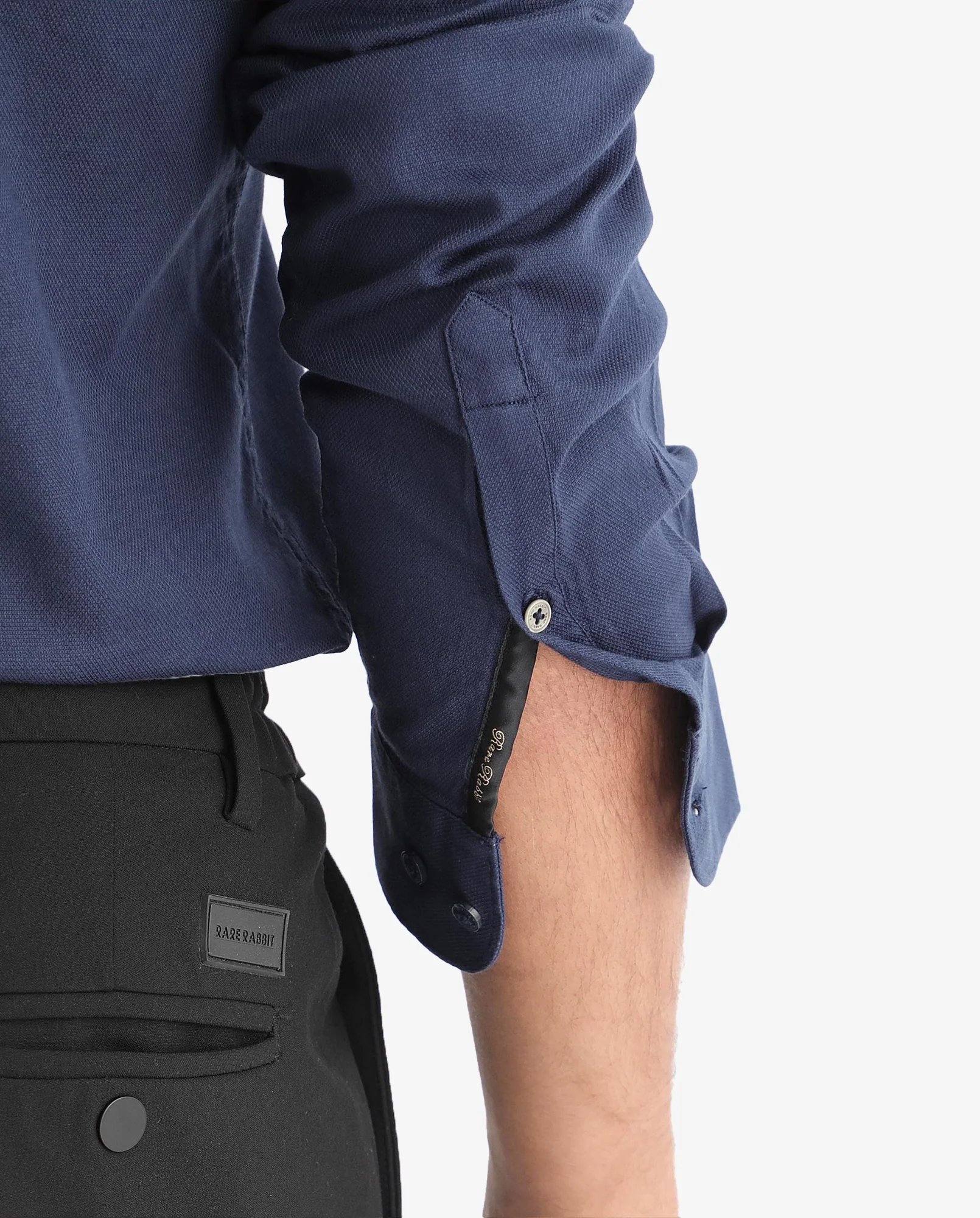 Rare Rabbit Men's Tehran Navy Cotton Plain Regular Fit Full Sleeve Mandarin Collar Shirt - Image 6