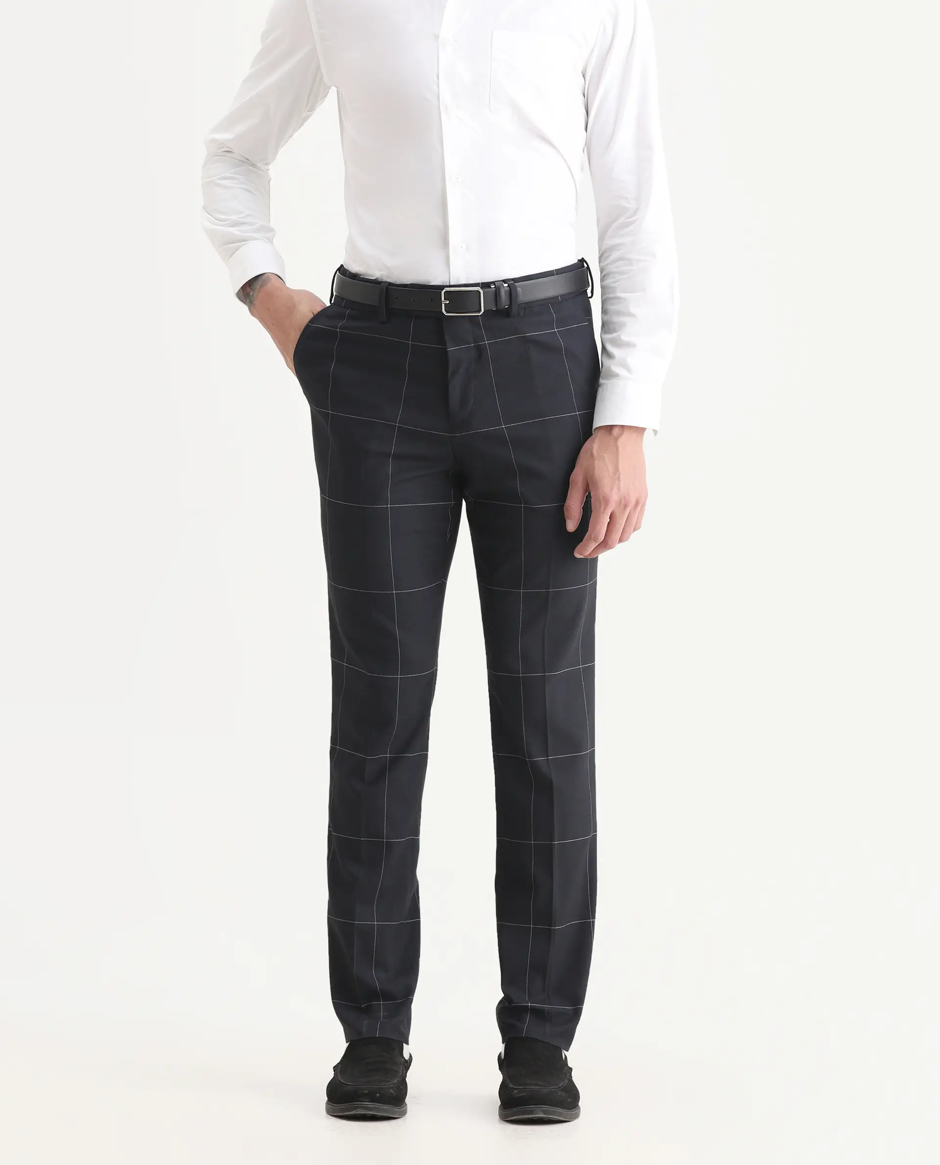 Rare Rabbit Men's Tim Navy Polyester Checked Print Tailored Fit Full Sleeve Lapel Neck Suits - Image 3