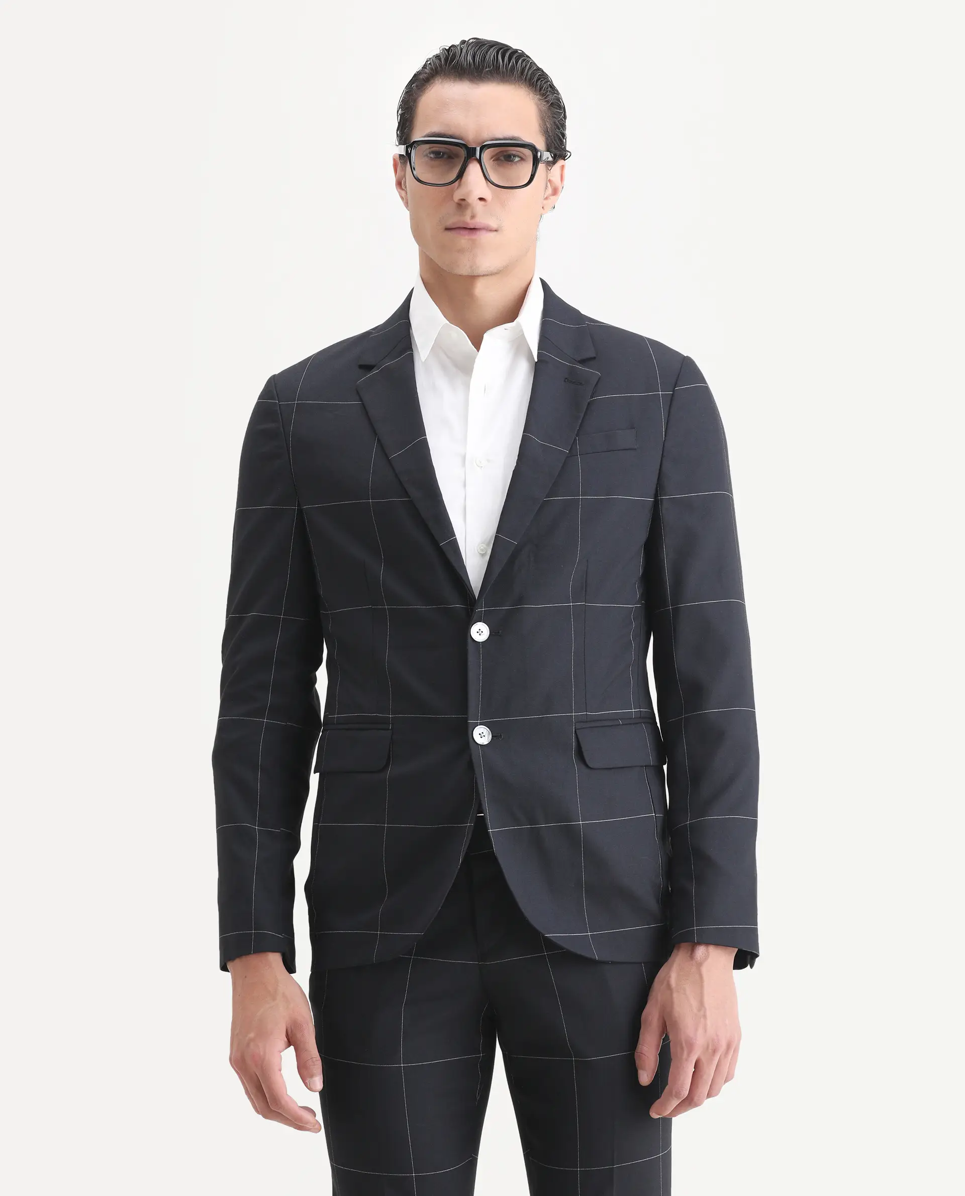 Rare Rabbit Men's Tim Navy Polyester Checked Print Tailored Fit Full Sleeve Lapel Neck Suits - Image 6