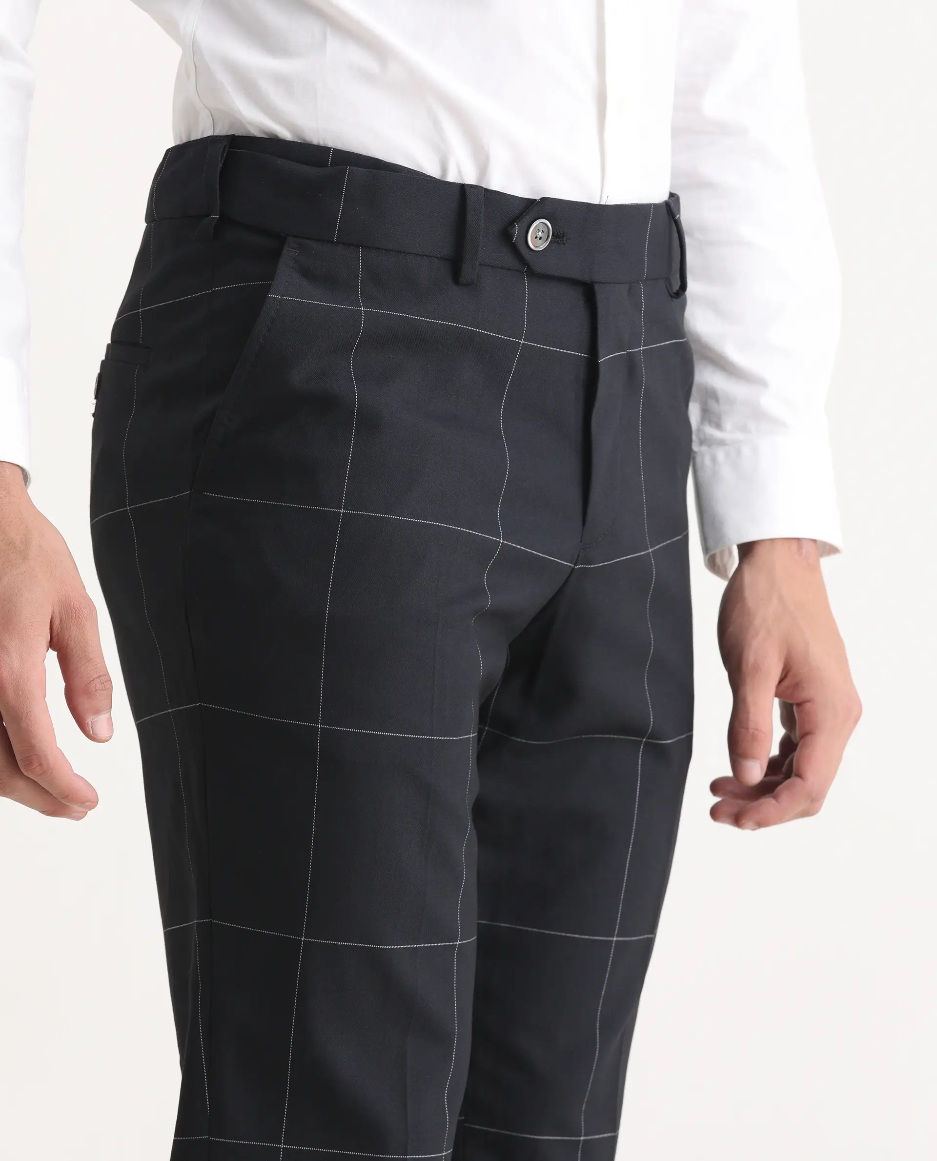 Rare Rabbit Men's Tim Navy Polyester Checked Print Tailored Fit Full Sleeve Lapel Neck Suits - Image 7