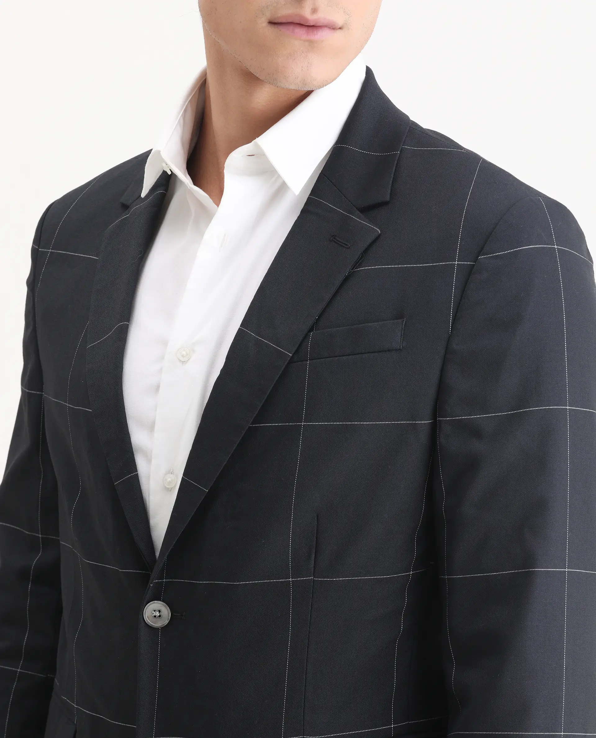 Rare Rabbit Men's Tim Navy Polyester Checked Print Tailored Fit Full Sleeve Lapel Neck Suits - Image 8