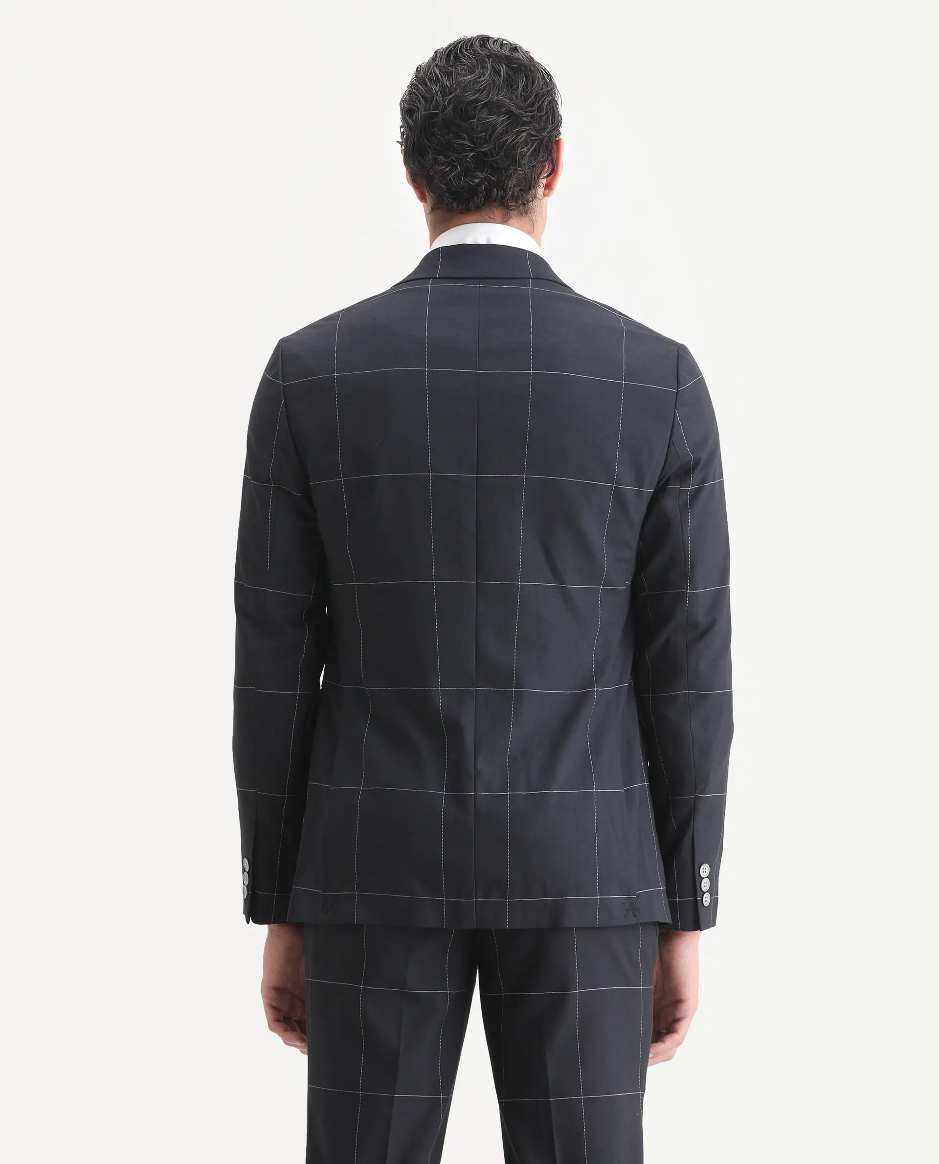 Rare Rabbit Men's Tim Navy Polyester Checked Print Tailored Fit Full Sleeve Lapel Neck Suits - Image 9