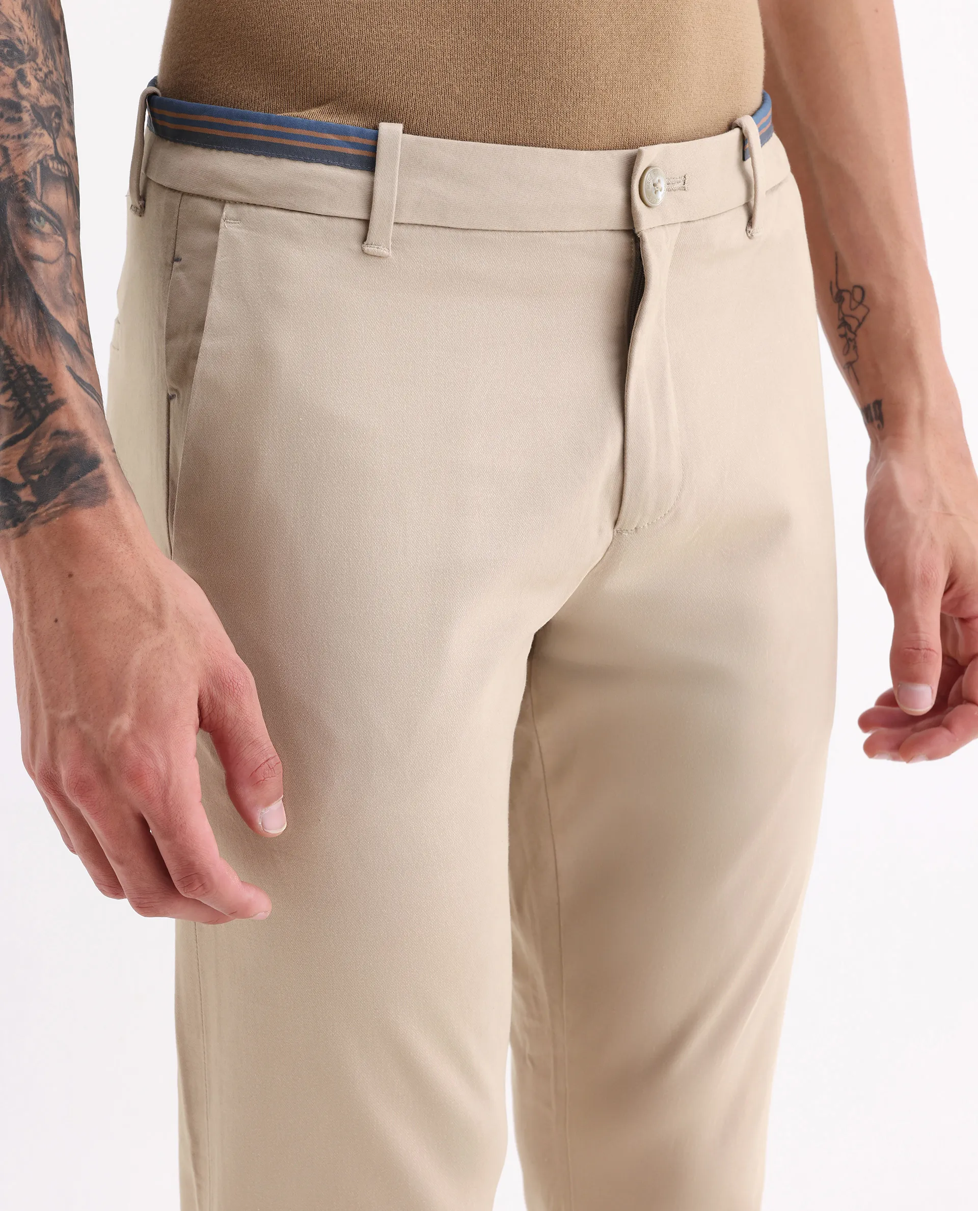 Rare Rabbit Men's Trellis Beige Cotton Plain Regular Fit Trouser - Image 3