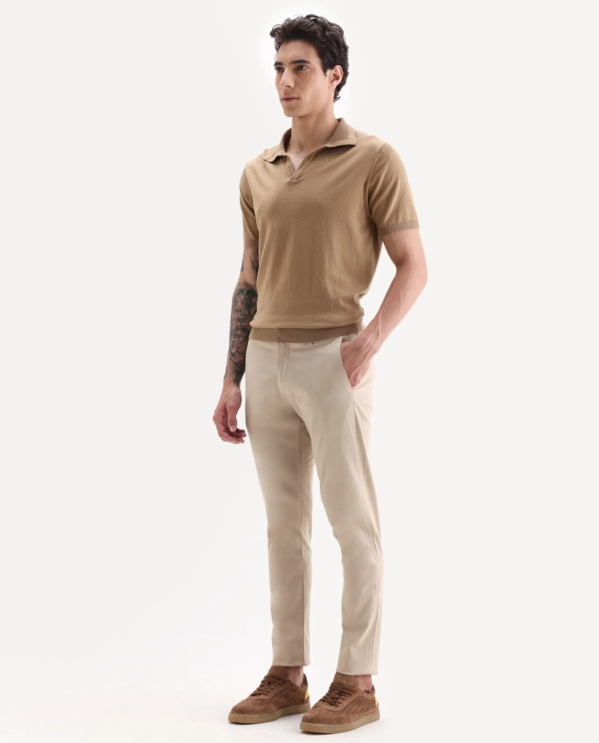 Rare Rabbit Men's Trellis Beige Cotton Plain Regular Fit Trouser - Image 4