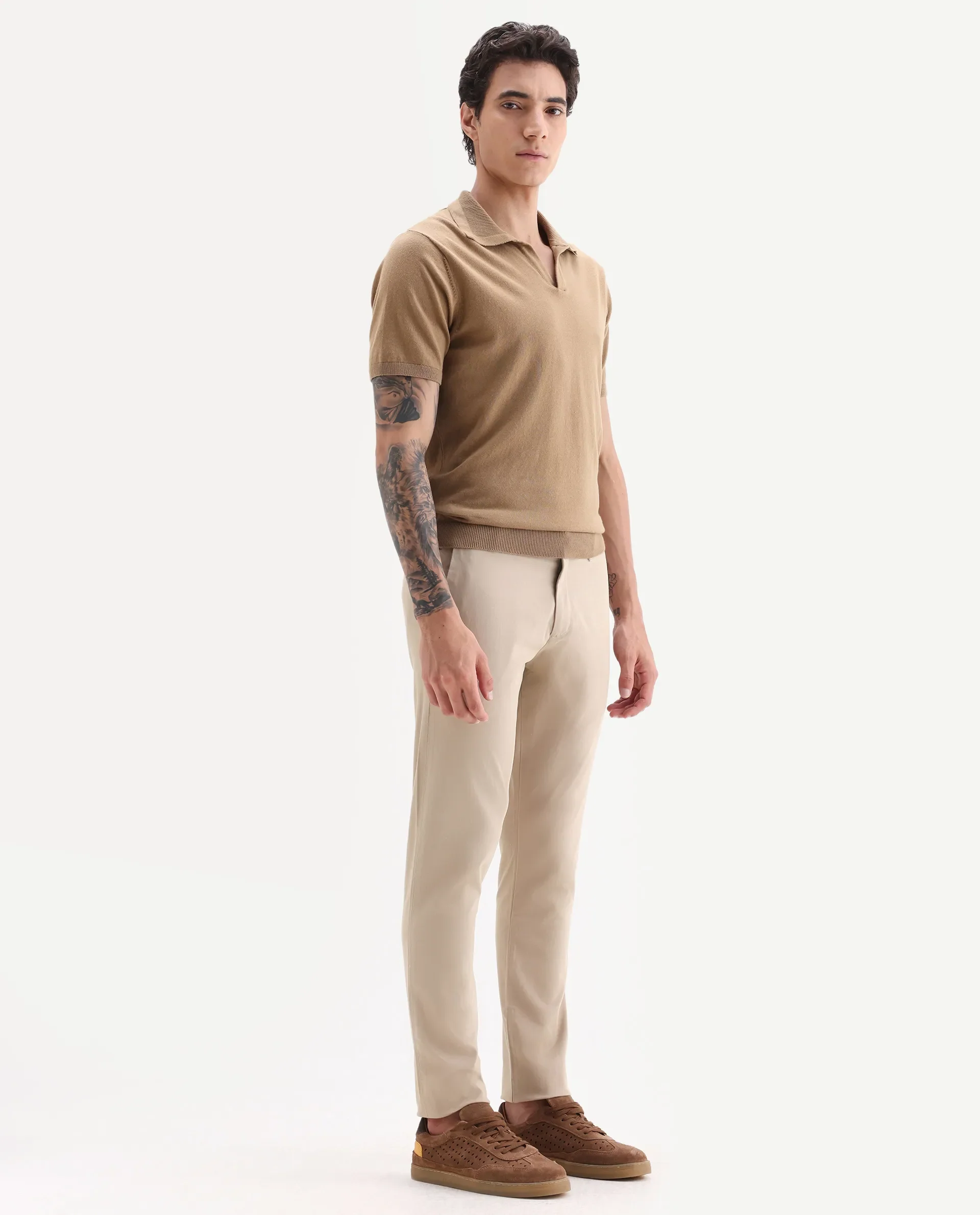 Rare Rabbit Men's Trellis Beige Cotton Plain Regular Fit Trouser - Image 5