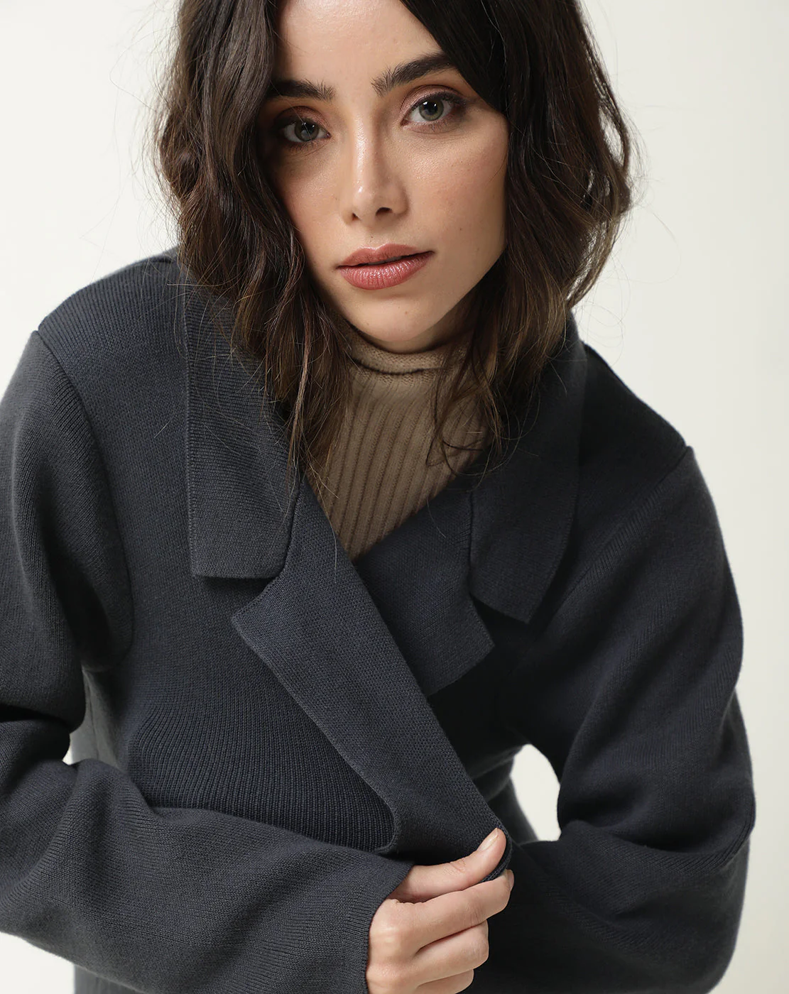 Rareism Women's Trident Grey Cotton Lapel Neck Plain Knee Length Regular Fit Sweater - Image 10