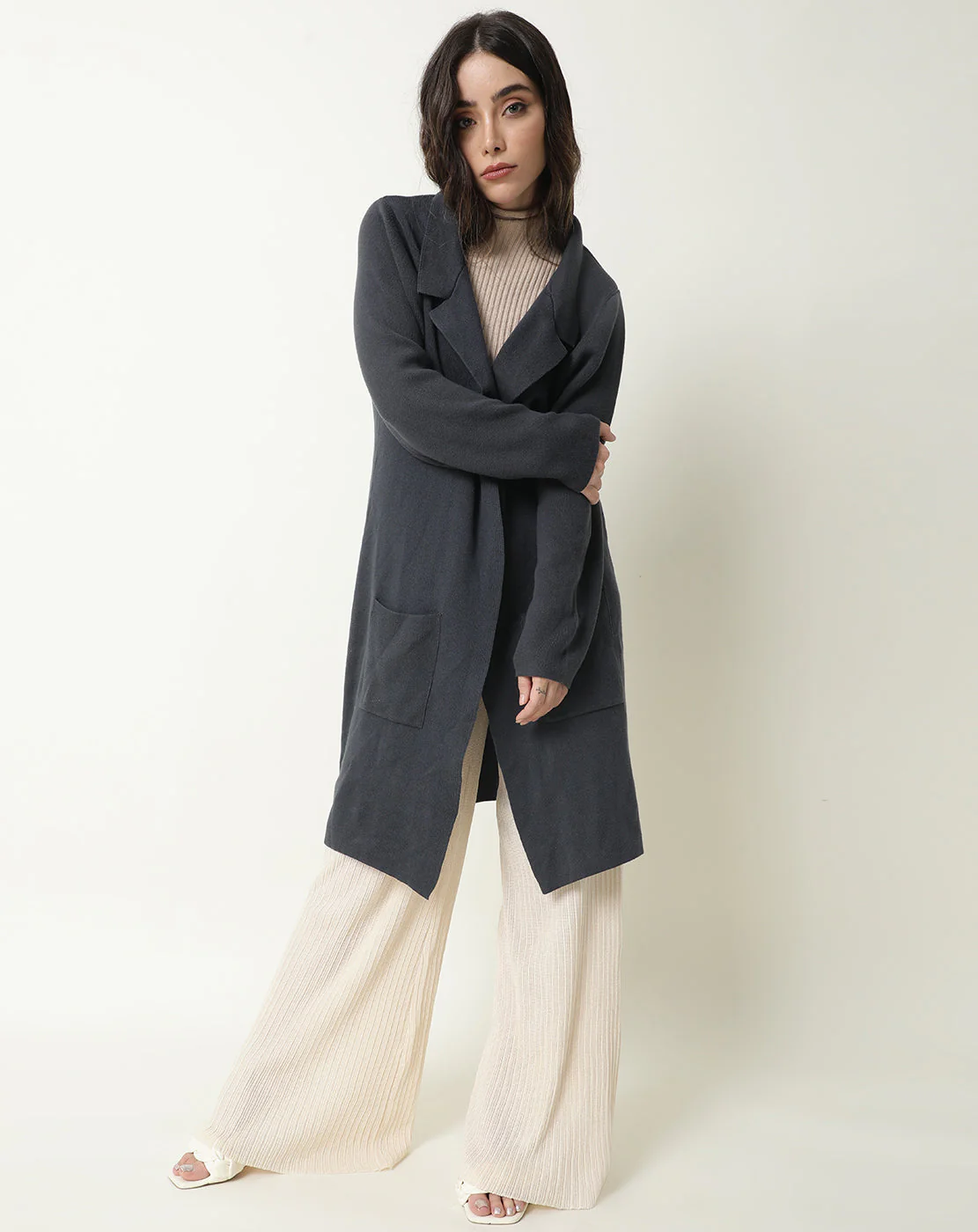 Rareism Women's Trident Grey Cotton Lapel Neck Plain Knee Length Regular Fit Sweater - Image 3