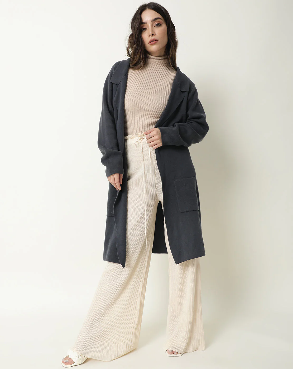 Rareism Women's Trident Grey Cotton Lapel Neck Plain Knee Length Regular Fit Sweater - Image 4