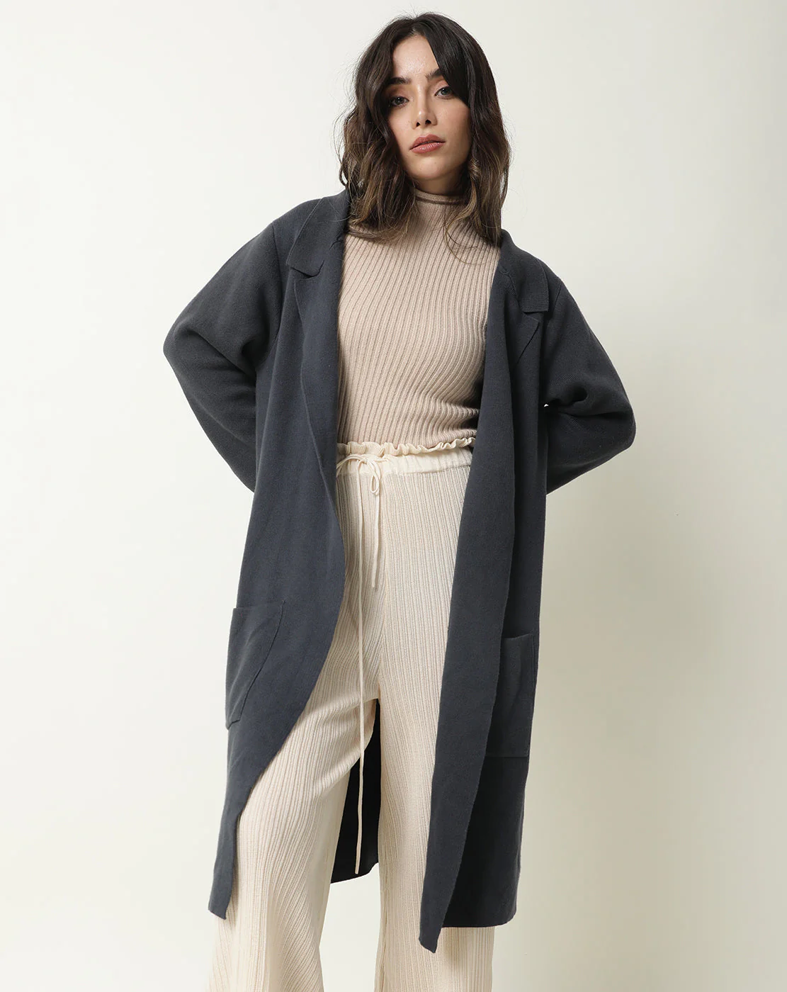 Rareism Women's Trident Grey Cotton Lapel Neck Plain Knee Length Regular Fit Sweater - Image 5