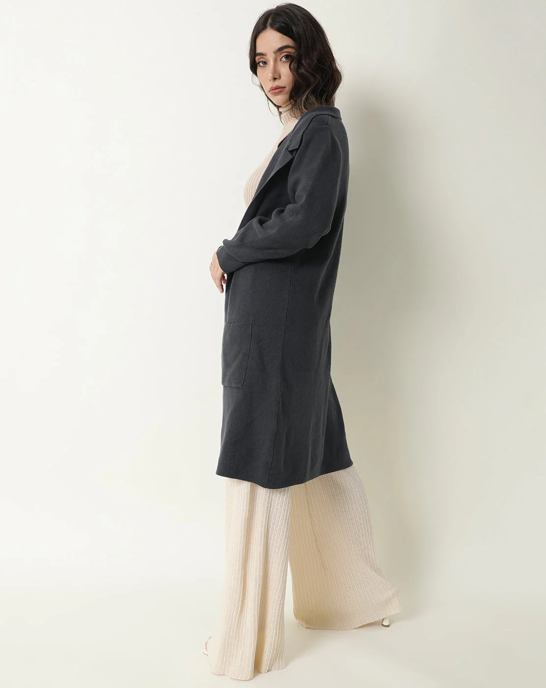 Rareism Women's Trident Grey Cotton Lapel Neck Plain Knee Length Regular Fit Sweater - Image 6