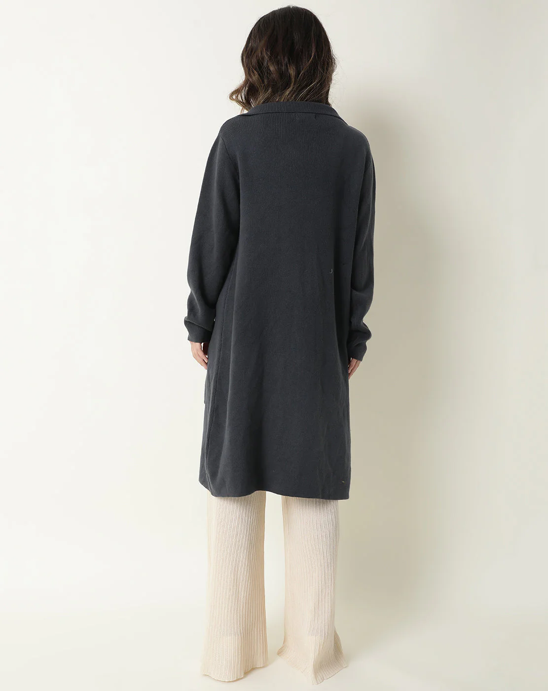 Rareism Women's Trident Grey Cotton Lapel Neck Plain Knee Length Regular Fit Sweater - Image 7