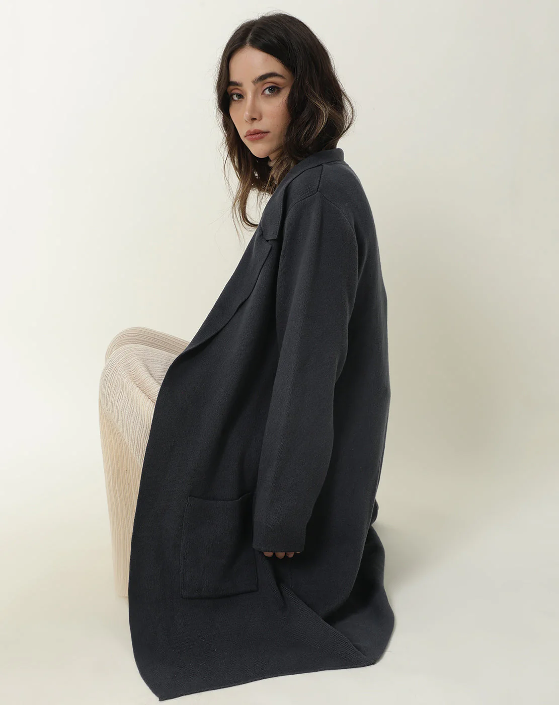 Rareism Women's Trident Grey Cotton Lapel Neck Plain Knee Length Regular Fit Sweater - Image 8