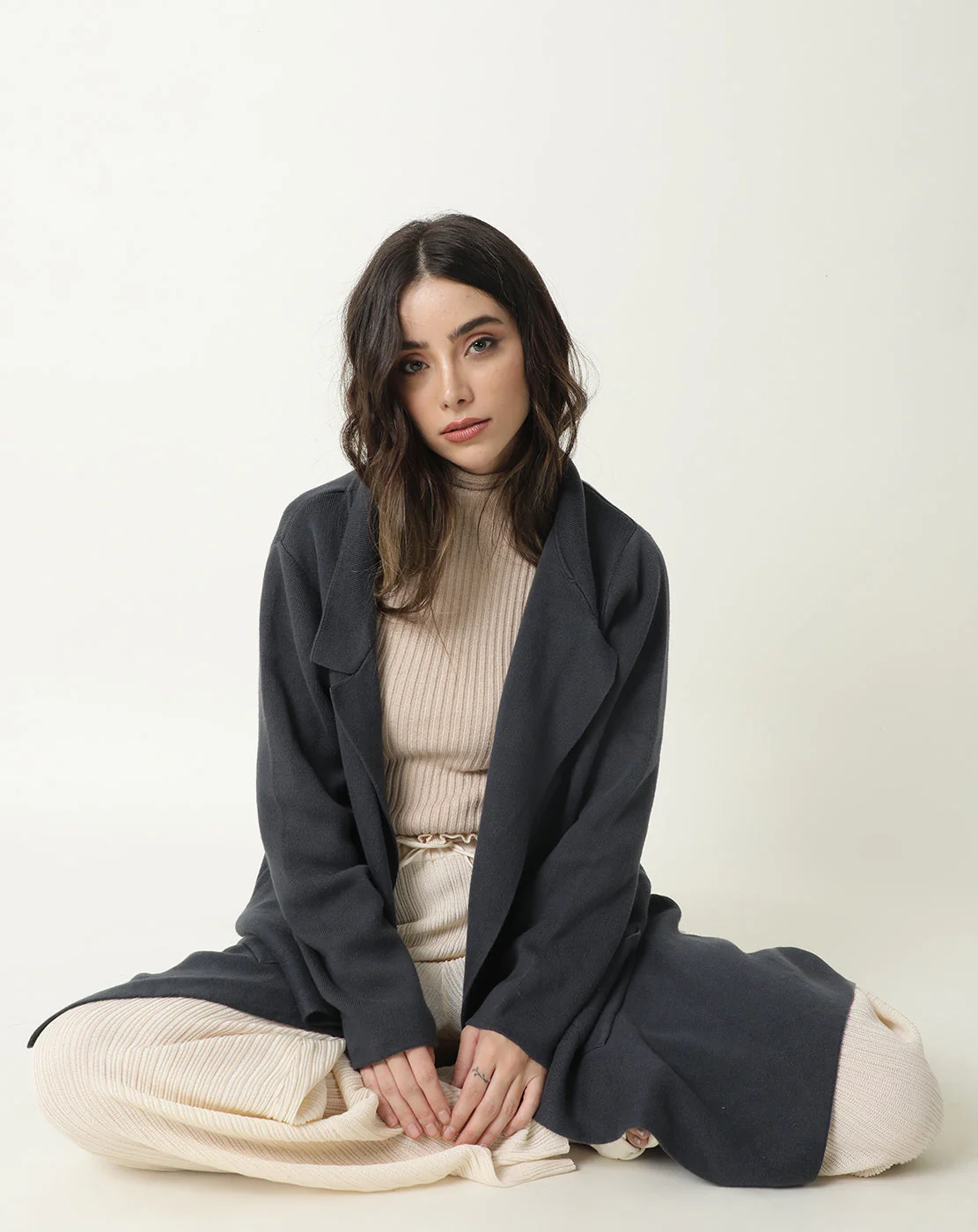 Rareism Women's Trident Grey Cotton Lapel Neck Plain Knee Length Regular Fit Sweater - Image 9