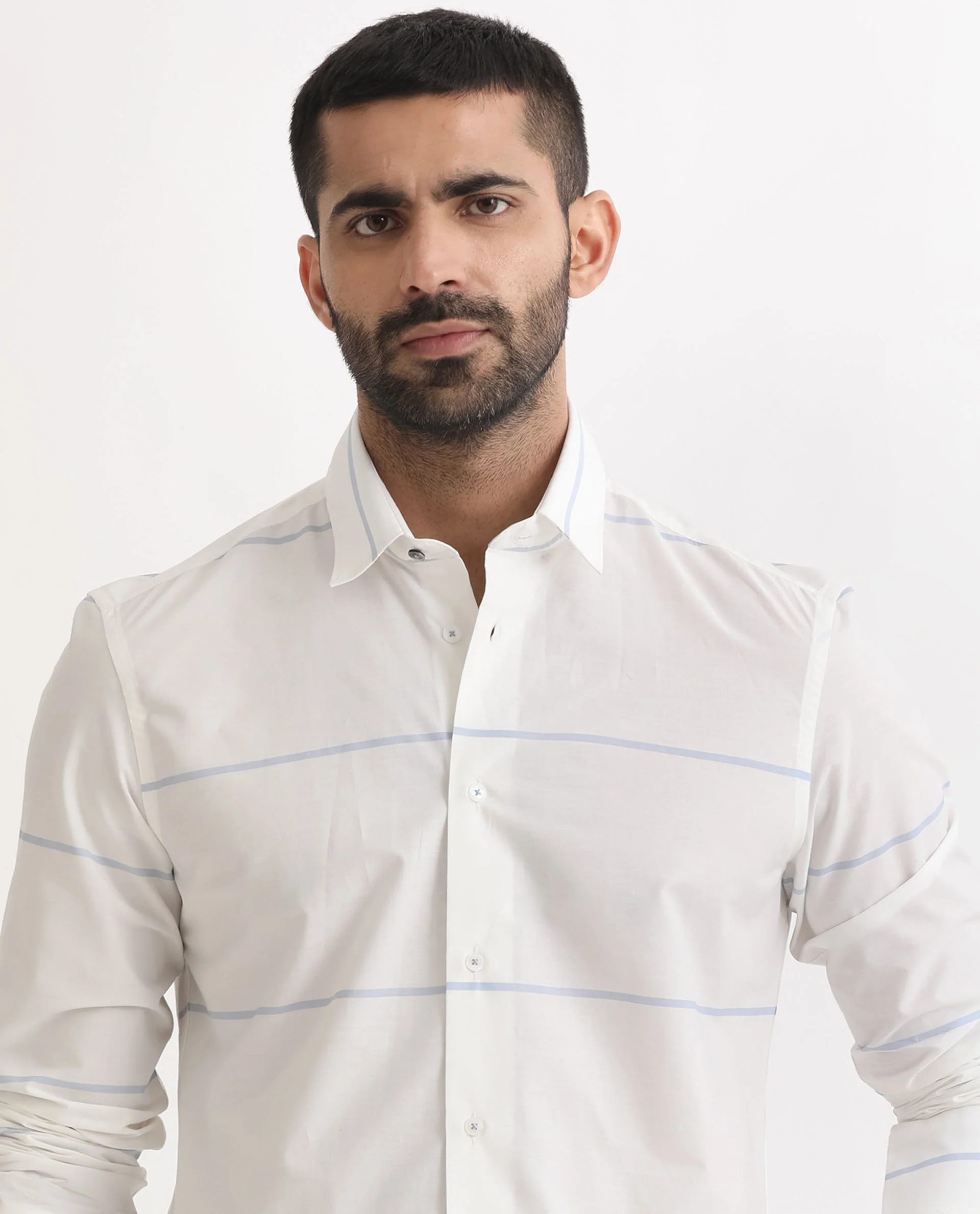 Rare Rabbit Men's Unios- White Cotton Striped Print Regular Fit Full Sleeve Collared Shirt - Image 8