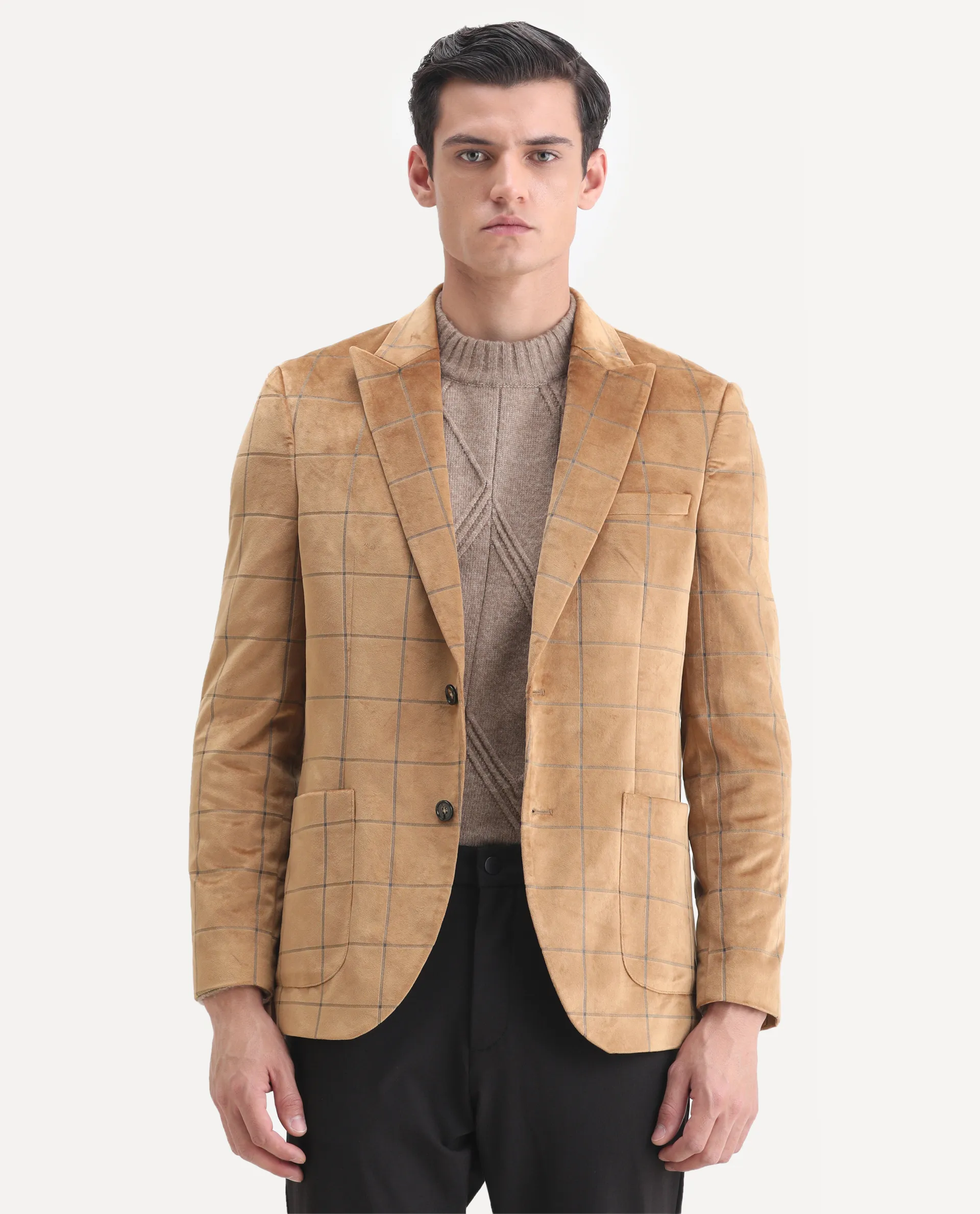 Rare Rabbit Men's Vewet Mustard Velvet Checked Print Tailored Fit Full Sleeve Lapel Neck Blazer - Image 4
