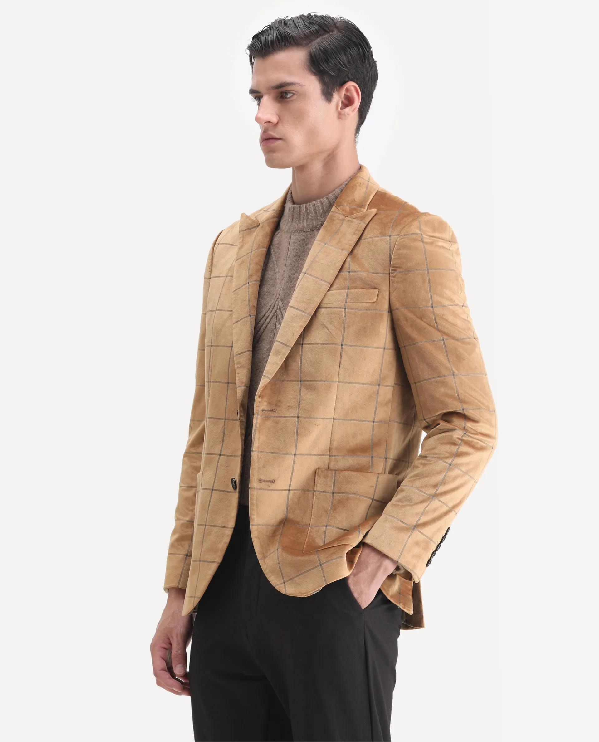 Rare Rabbit Men's Vewet Mustard Velvet Checked Print Tailored Fit Full Sleeve Lapel Neck Blazer - Image 5