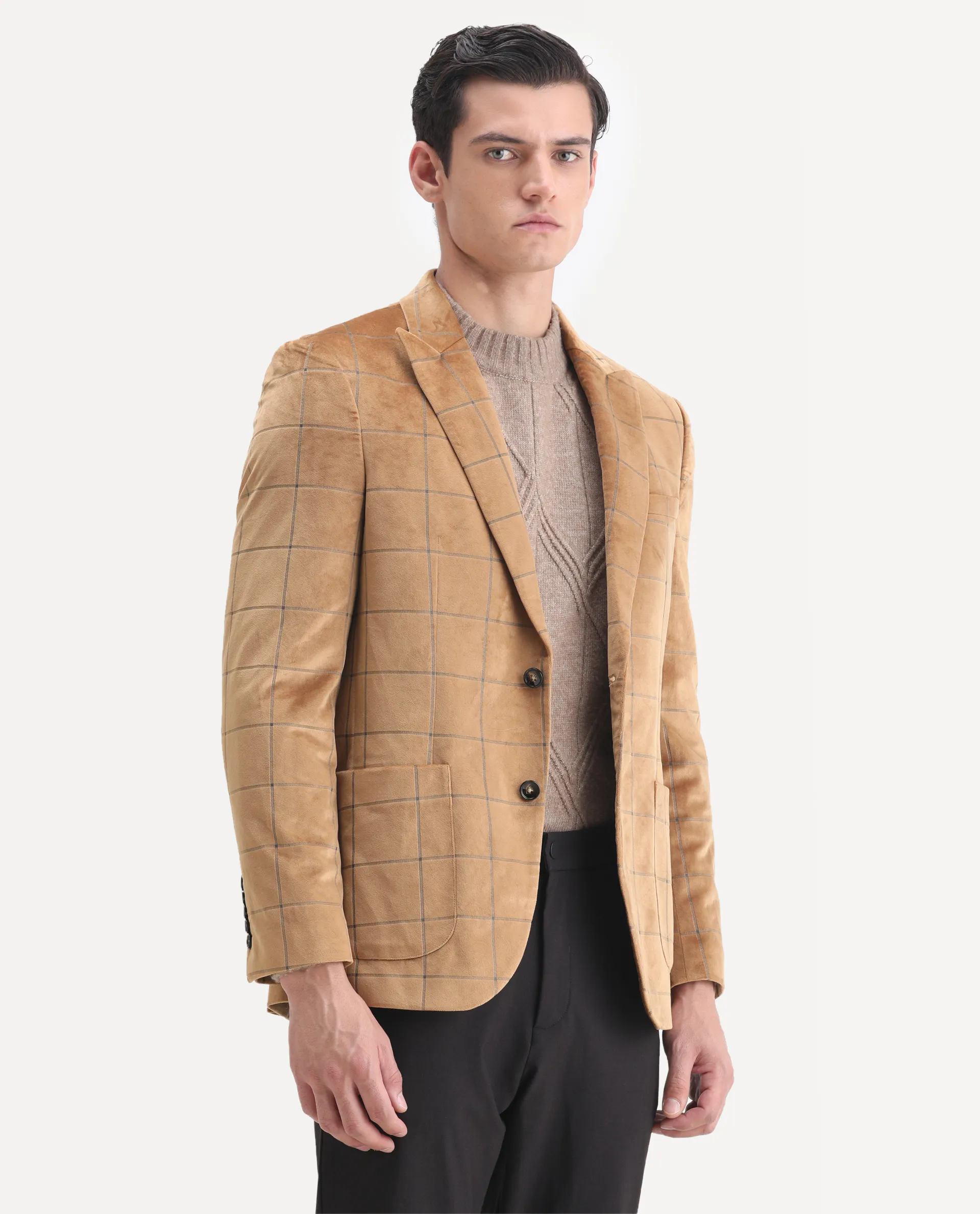 Rare Rabbit Men's Vewet Mustard Velvet Checked Print Tailored Fit Full Sleeve Lapel Neck Blazer - Image 6