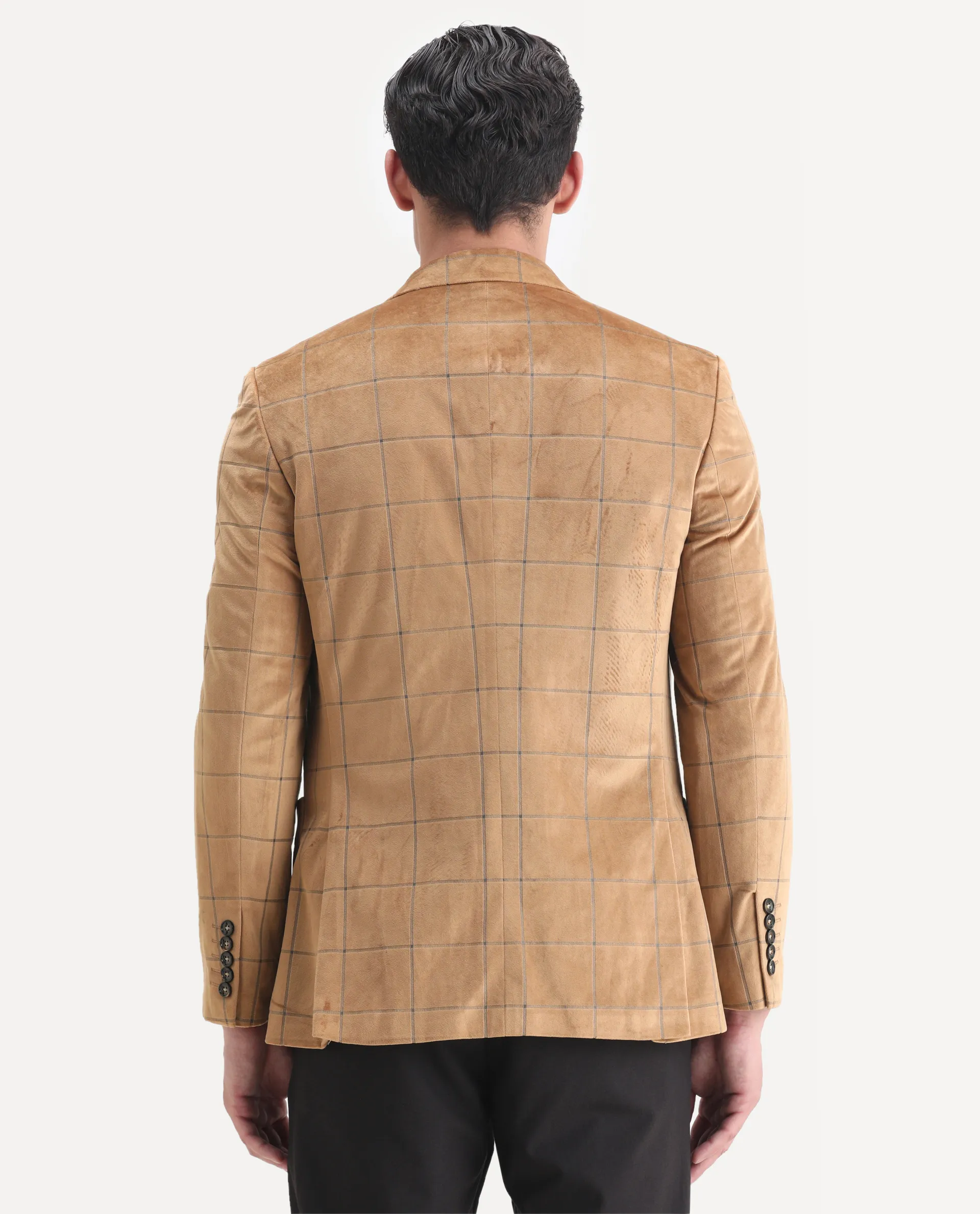 Rare Rabbit Men's Vewet Mustard Velvet Checked Print Tailored Fit Full Sleeve Lapel Neck Blazer - Image 8